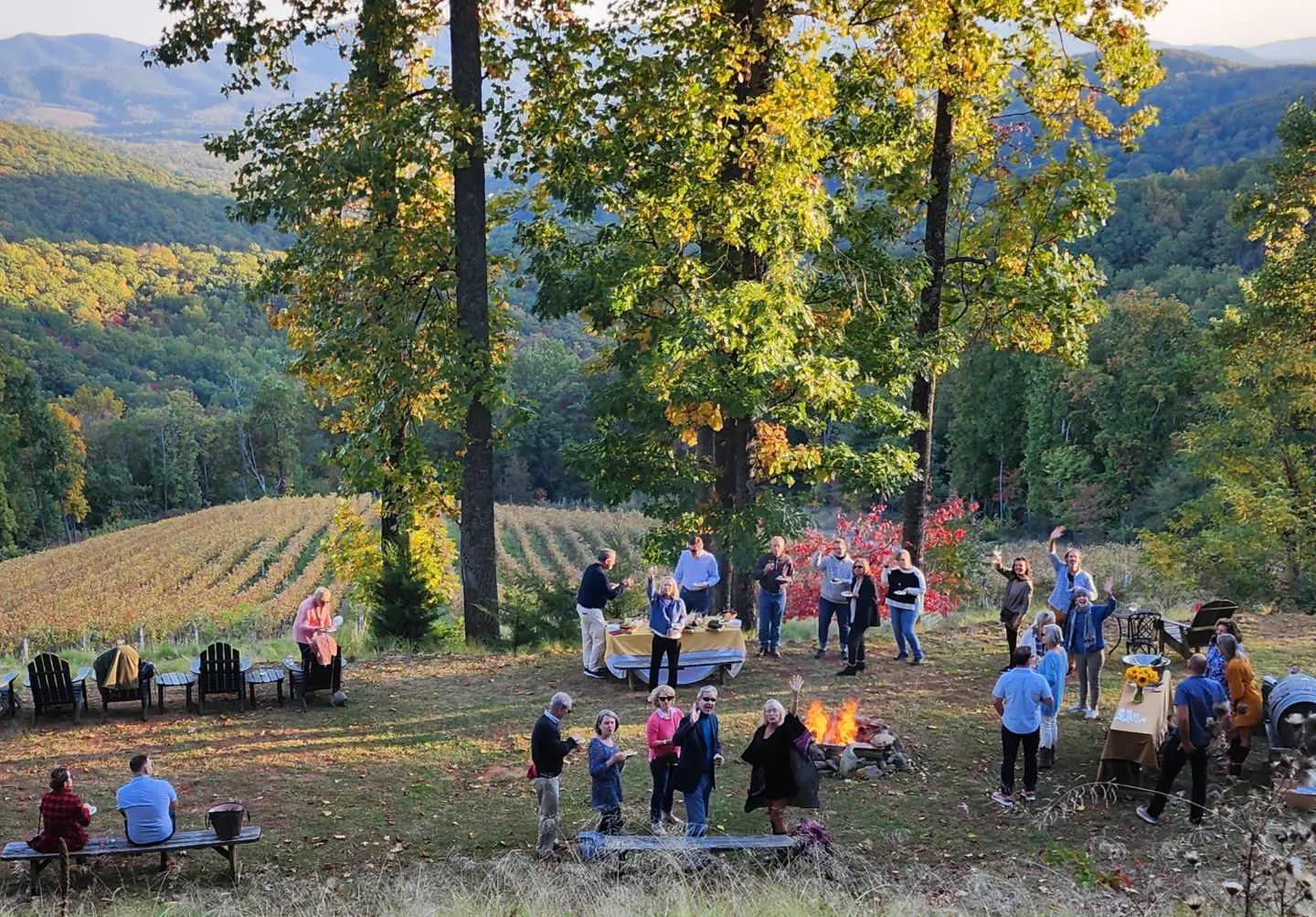 Guests gathered around a fire pit at Ankida Ridge Vineyards with autumn vines and Blue Ridge Mountains in the background